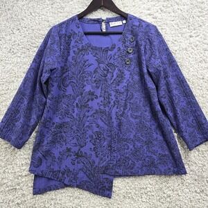 Habitat Blouse Women Small Purple‎ Damask Floral Asymmetrical Hem Button Boho